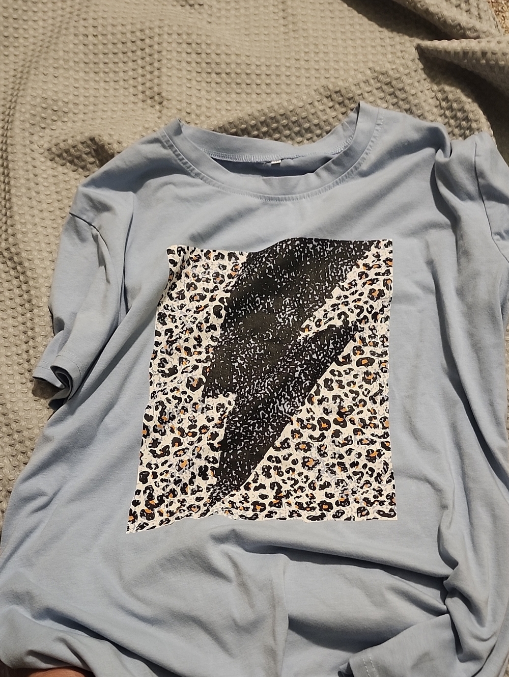 Womens Light Blue Graphic Tee with Leopard Print Lightning
